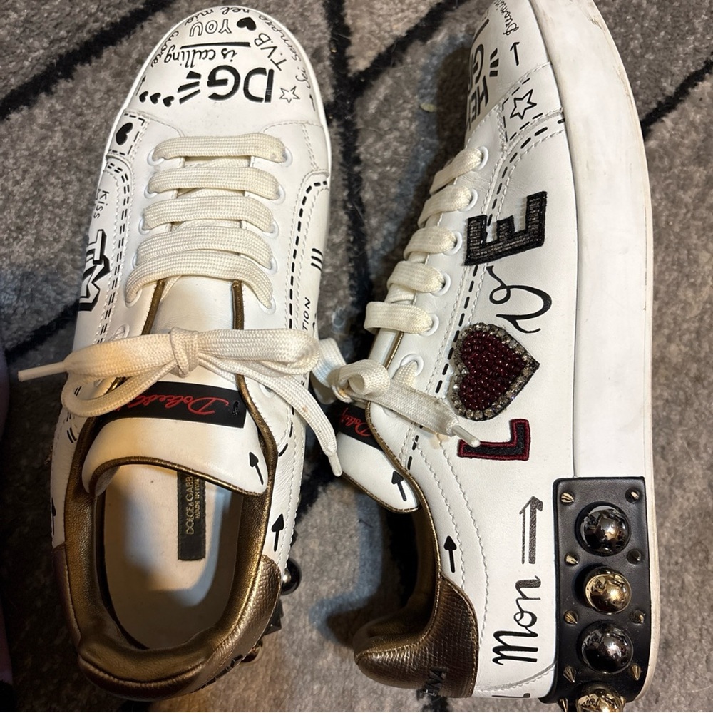 Dolce & Gabbana White Graphic Leather Lace-Up Sneakers with Red Heart